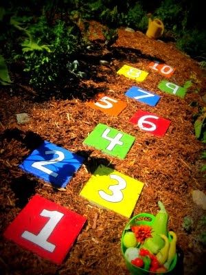Get concrete pavers at big box home store. Use Outdoor paints in red, purple orange, blue, green, yellow (whatever colors you like). The black was used to paint on the numbers and the black was to outline the numbers so they would “pop.” You’ll probably need more of the white   than any other color.  Would make a great “hop scotch” play area.