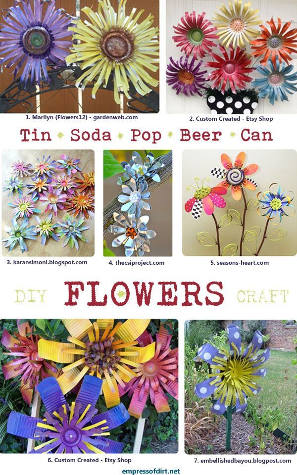 How to make garden art flowers from tin cans, beer cans, soda and pop cans – CLICK HERE for sources and ideas