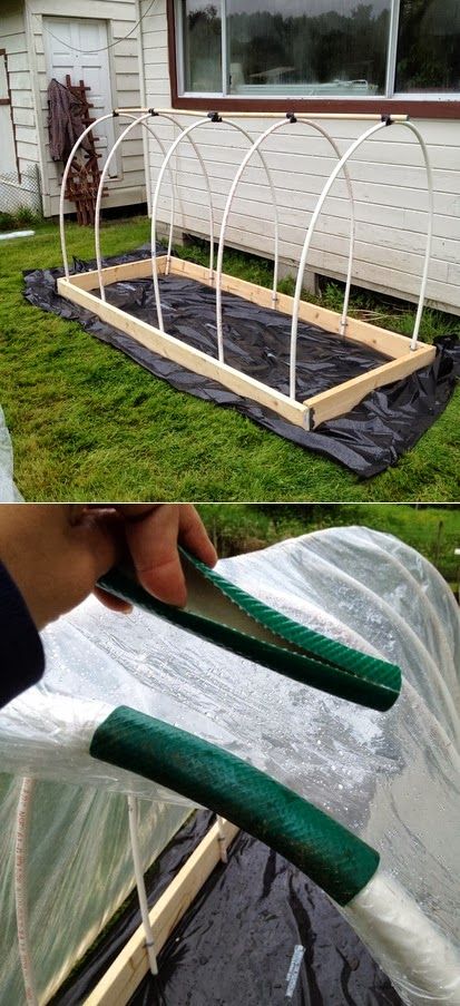 Here is another small tip how to reuse pieces of an old garden hose to help attach the plastic to the rounded PVC pipes that create the frame work for the hoop house.