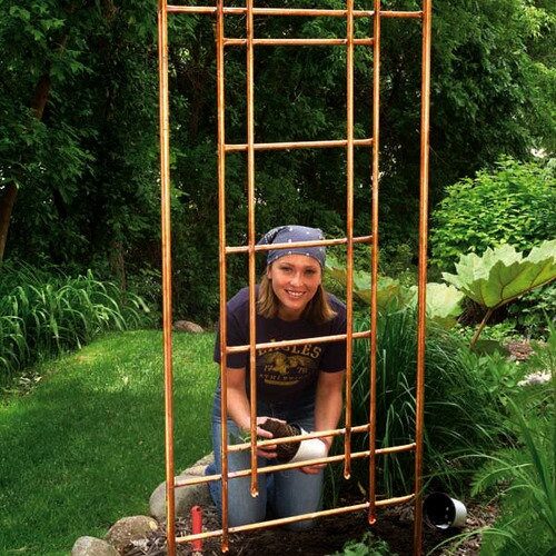 7 Cheap But Beautiful DIY Garden Decor Ideas. 1 of 7: “Copper Trellis — This is one of my favorite pieces to make, and it creates big impact in the garden. You’ll need copper pipe, a pipe cutter, and pipe joints from the hardware store. By cutting the pipe to different lengths and using the joints, you can create a geometric trellis to grow everything from jasmine to tomatoes!”