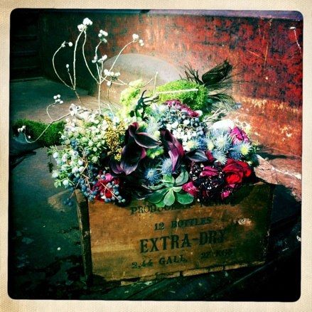 Wild flowers in an old wooden crate. Floral arrangement by Clementine Floral works. Just gorgeous!