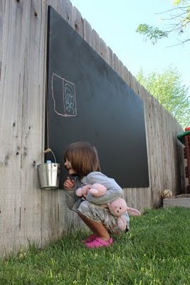 Backyard chalkboard! This is smart, less mess and the rain would wash the chalk away!