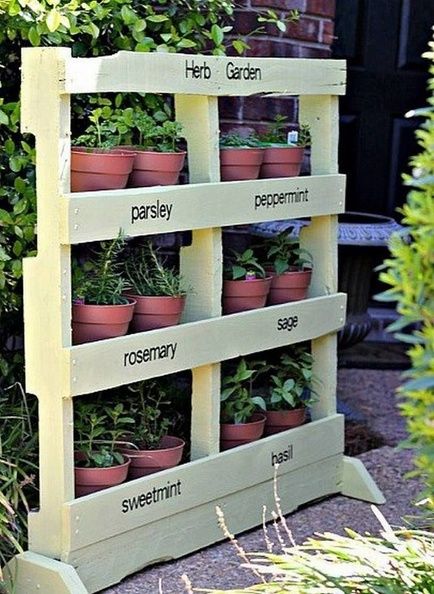 Quick & easy pallet idea — beautiful vertical herb garden DIY — love the paint color choice. It would be so fun to pay with different fonts on the labels, too.