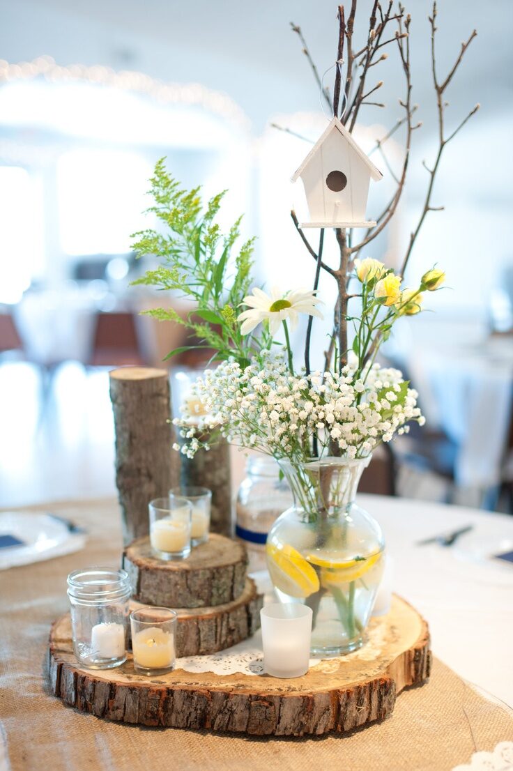 tree trunk slices, simple flowers, bird house…