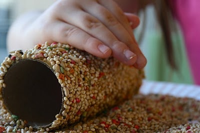 For the birds . . . toilet paper tube, peanut butter, roll it in birdseed and slip it over a branch..