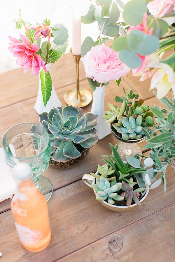 Succulents in tea cups mixed with spring blooms.