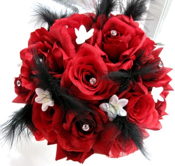 Wedding bouquet Bridal Silk flowers RED BLACK WHITE Feathers Bridesmaids boutonnieres Corsages 17 pc package. $189.00, via Etsy.