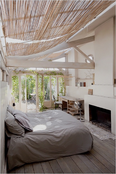 bedroom  jmoinajo edit. I like this better than shad cloth- I want a veranda of sorts, around the house, but light enough to not need uprights. bamboo fencing might be the ticket.
