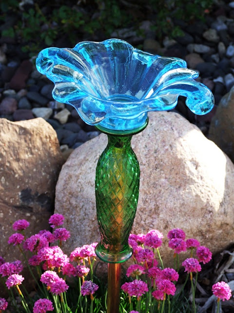 Colorful Yard Ornaments – made from old bud vases, thrift store candy dishes, etc.