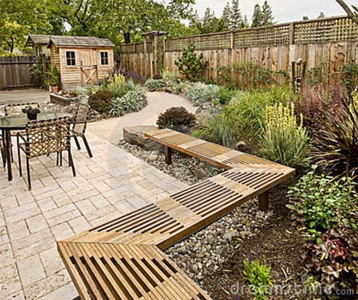 Beautifully landscape backyard photo | Beautifully landscaped backyard with small wooden shed, fence and …