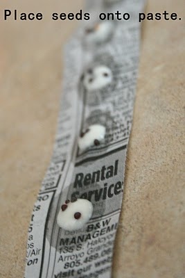 OMG this made my life so much easier! So fun, and so easy, I did strips for ALL the seeds I’ll be starting outside this season in one sitting! No more measuring out holes for every single seed and trying to remember which ones I’ve already dropped seeds into! Woot! :D | DIY seed tapes from newspaper and flour paste