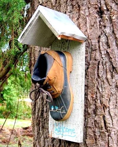 Bird House using an old shoe…..a license plate would be cute for the roof