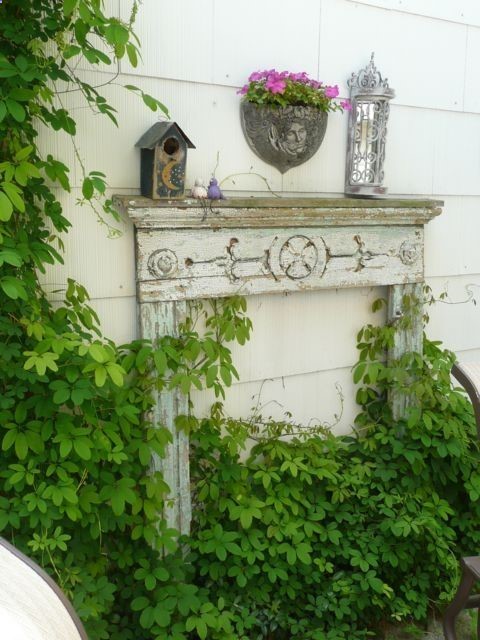 Placing an antique mantel outdoors is not only beautiful, but also serves several functions – storing potted plants, bird feeders, gardening tools – you name it!