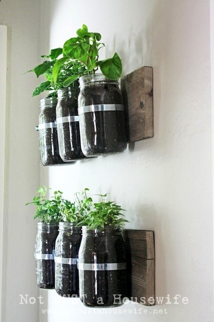 My own spin… try with wine bottles and pallet slats. Mason jar wall planters.