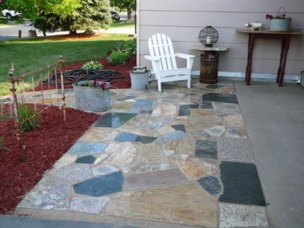 Granite Scrap Patio and Path made from dumpster dived countertop scraps.