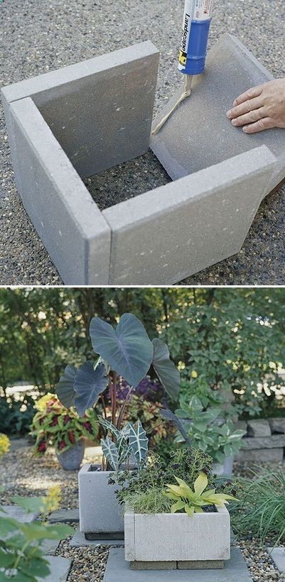 All you need are a few – pavers, landscape-block adhesive, and a little time. Wait 24 hours for everything to cure and youre ready to move your new planters into place and fill them with dirt and greenery.