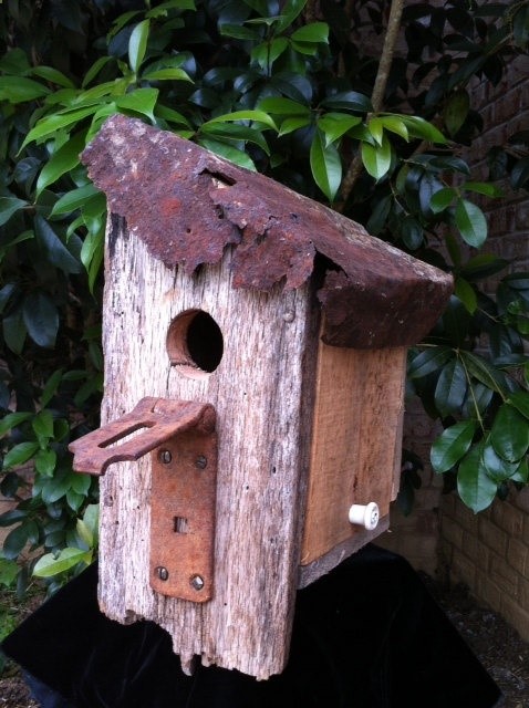 Wooded Birdhouse Rusty Hinge Upcycled Recycled Shabby Folk Art
