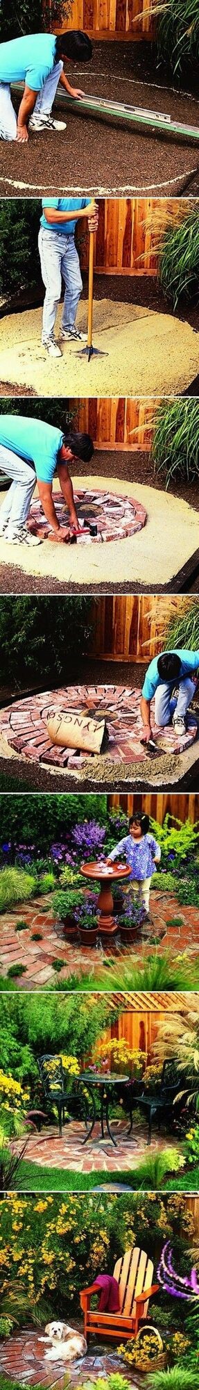 DIY How to build a patio Step by step : Most patios take time, and days of effort, to build. But a small, detached patio like this one here comes together quickly with minimal effort. This would make a great sitting area under the shade oh a tree or as a base for a fountain.