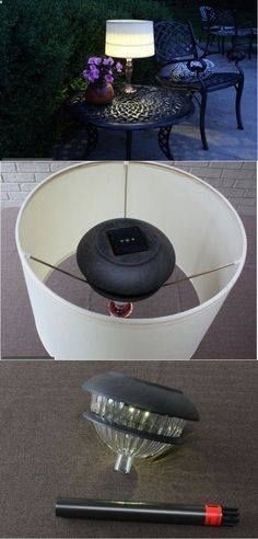 a solar light used with a lampshade to make a patio lamp . . . okay, mind just blown