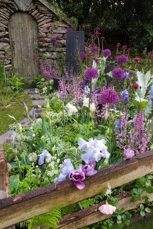 Lavender, purple, pink toned perennial garden, with fence