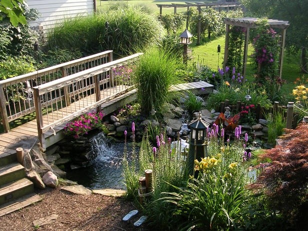Backyard Bridge A wooden bridge creates a romantic resting place above this pretty backyard pond. Posted by RMSer Tdnuss