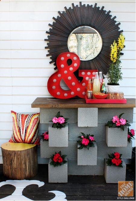 Outdoors :: Deck Decor Inspiration…same idea use wood pallets as countertop, use bricks stacked only on sides to have storage underneath
