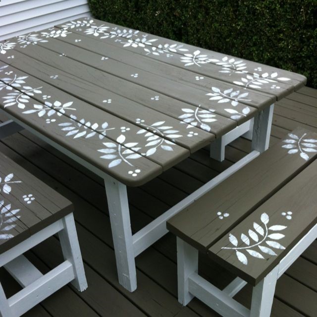 Renew an old picnic table with stencils and paint — Or we can start painting Steves kids picnic tables.