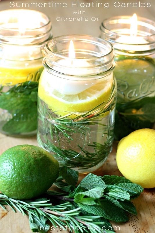 Bug Off in a Mason Jar! Add floating candles, citronella oil, mint, lemon, lime,  rosemary. Perfect to keep the bugs away for a backyard party… And its pretty!