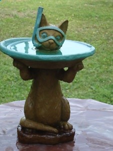 Cat bird bath. Prepared for bird landing. #gardenart #birdbath #funny