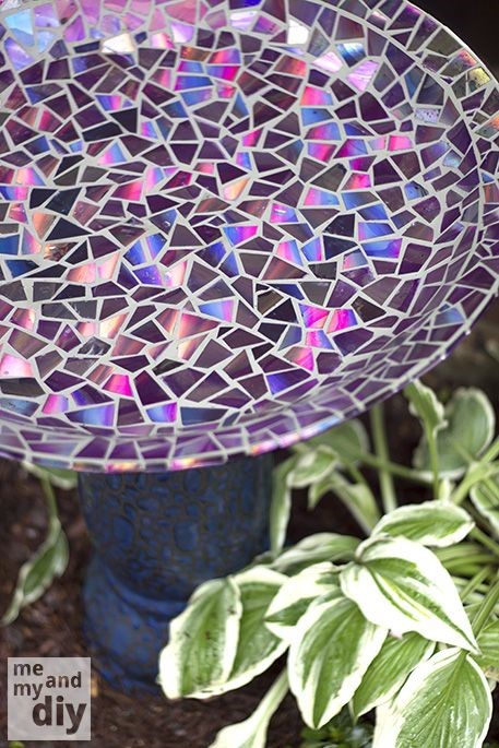 DIY:: Beautiful Mosaic Tile Birdbath Using Old DVDs !