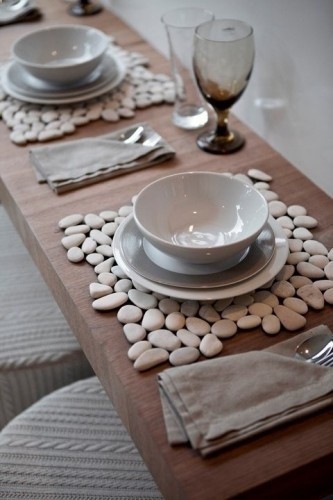 12×12 stone tiles from home improvement store, add felt to the bottom for inexpensive placemats or hot pads. Gorgeous!