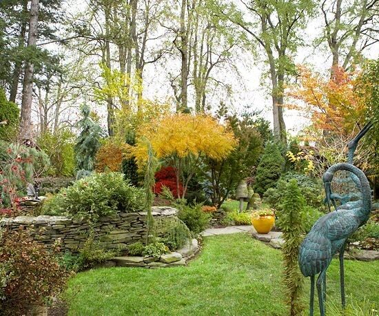 Fall Landscaping Ideas…Fall is the time to plant trees and shrubs in the South…love the stone wall