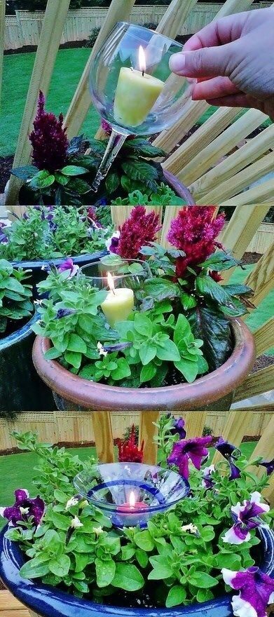 Re-purpose broken stemware. Pop in a citronella candle and then put glass down in plant. Pretty at night and keeps bugs away!